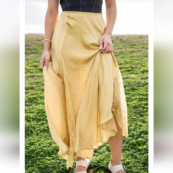 free people ♡ make you mine 1/2 half slip lace satin skirt bitter oil yellow - Picture 13 of 13